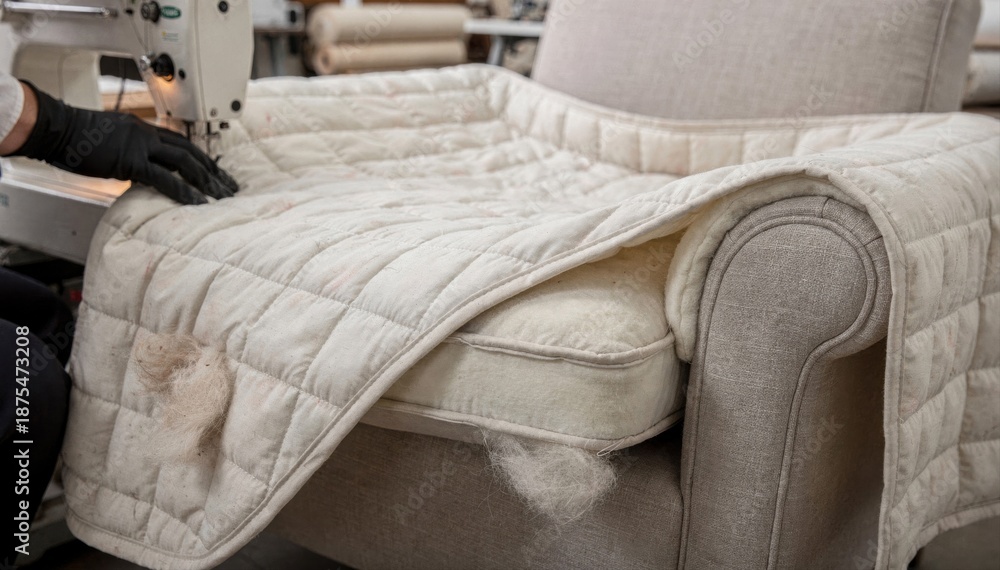 Fototapeta premium Quilted slipcover production in a medium shot showcasing detailed stitching and cushioning layers designed to add comfort and safeguard upholstered furniture from pet hair.