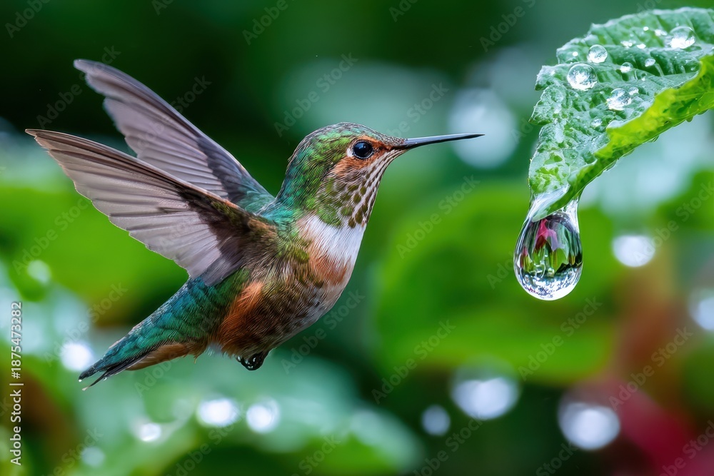 Obraz premium Hummingbird Hovering Near Water Droplet on a Leaf
