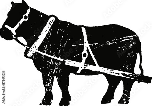 Black silhouette of a draft horse harnessed for pulling work with visible straps and yoke