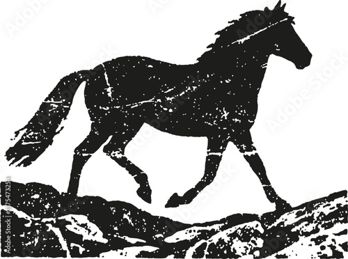 Silhouette of horse walking on rocky terrain with textured, rough artistic effect in black and white