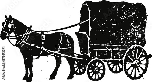 Horse drawn covered wagon silhouette with wooden wheels and harnessed horse