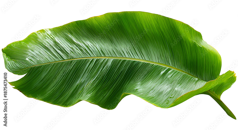 Fototapeta premium Close-up of a vibrant green tropical leaf with a prominent midrib on a black background