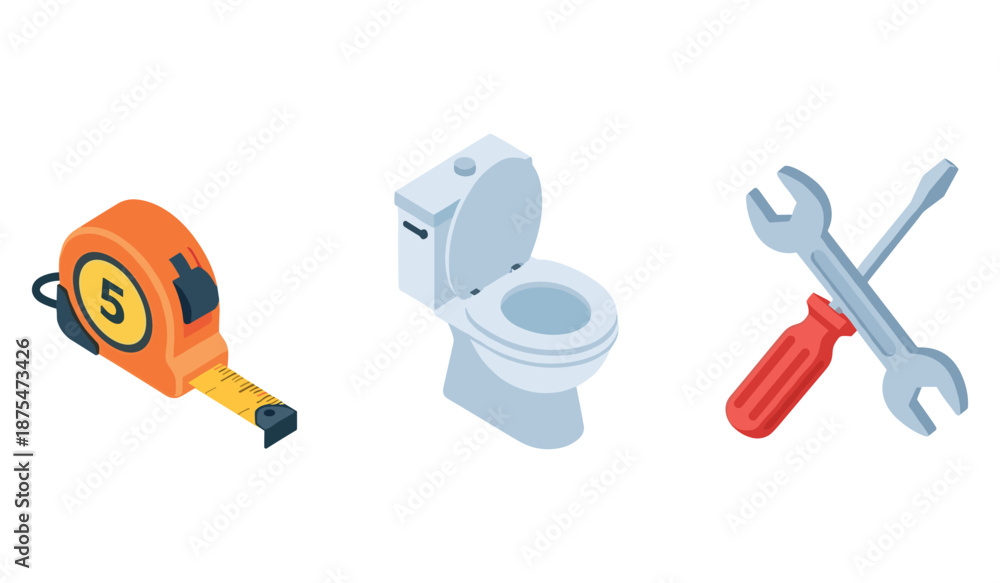 Fototapeta premium Plumbing tools and equipment: tape measure, toilet, wrench, screwdriver