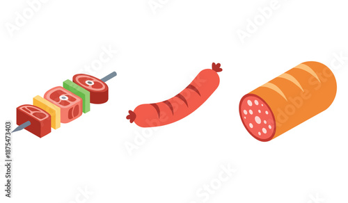 Vector illustration of skewered meat, sausage, and salami in flat design