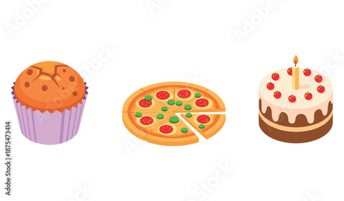 Colorful cupcake, pepperoni pizza, and birthday cake on white background