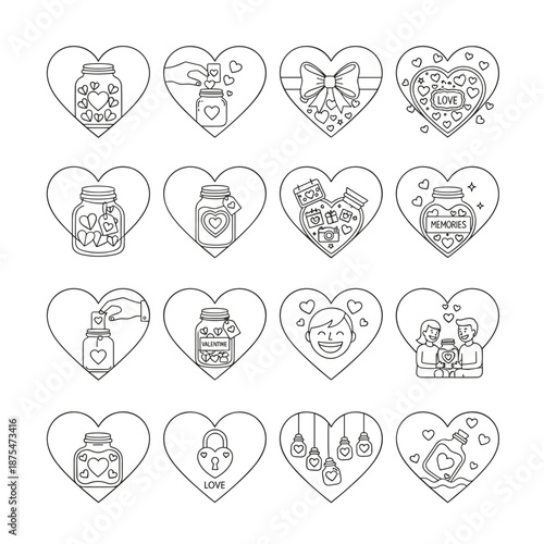 Love and Relationships Heart-shaped Line Icons Set