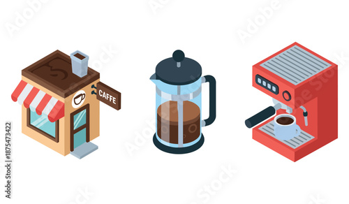 Isometric coffee shop, french press, and espresso machine illustrations