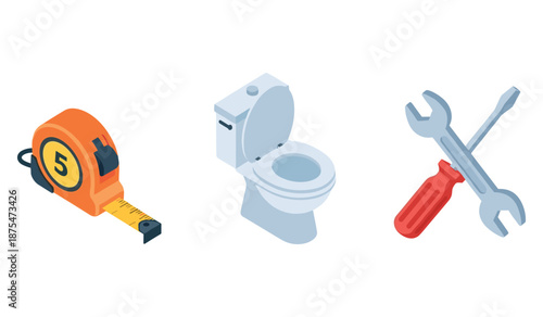 Plumbing tools and equipment: tape measure, toilet, wrench, screwdriver