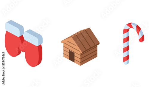 Boxing gloves, wooden dog house, candy cane vector icons