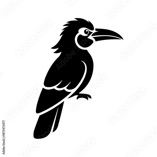 Black bird perched on branch isolated on white background, Vector