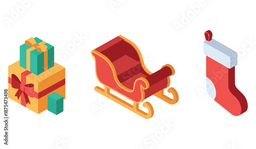 Festive icons: gifts, sleigh, and stocking in holiday colors