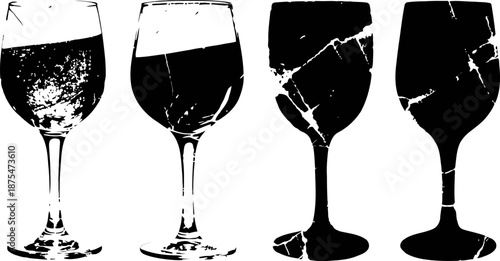 Four wine glasses with different levels of cracks and damage in black and white silhouette