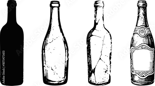 vintage glass bottle collection with various cracked and detailed textures, old container silhouettes