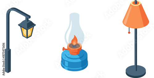 Vector illustration of street lamp, oil lantern, and floor lamp