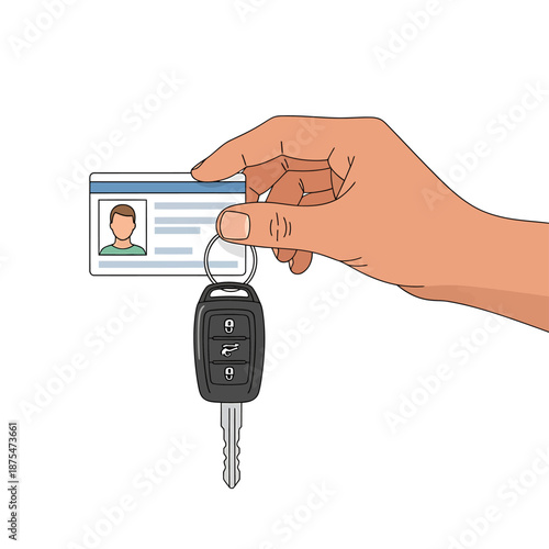 Drivers License and Car Key Held by Hand, Isolated on White Vector Illustration