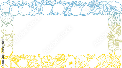 Hand drawn fruit and vegetable rectangular frame illustration with gradient outline healthy organic food border minimal design
