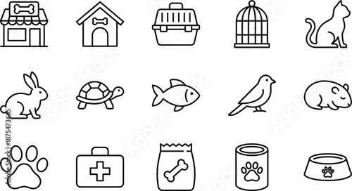 Black and White Vector Line Art Icon Set Featuring Pet Care Elements Including Cat Rabbit Turtle Fish Bird Hamster Dog House Paw and Food