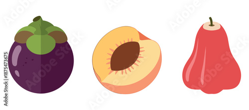 Colorful fruit trio: mangosteen, peach, and rose apple illustration