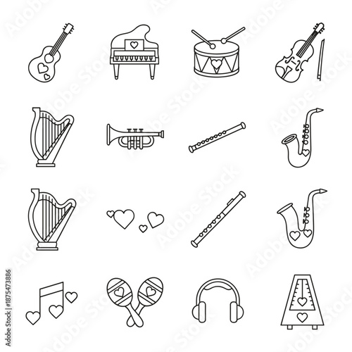 Music heart-themed line art icons set