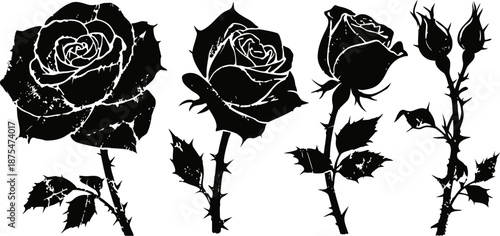 Black silhouette roses with thorns and leaves set four different rose shapes and stems