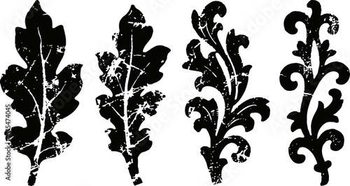 Set of vintage distressed botanical leaf silhouettes with ornamental curly designs