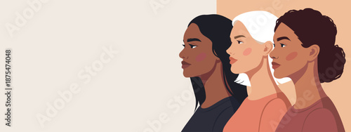 International Women's Day, March 8. Women of different ethnicities, cultures, and nationalities stand together. Vector banner with space for text. Symbolizes diversity, equality, unity, empowerment