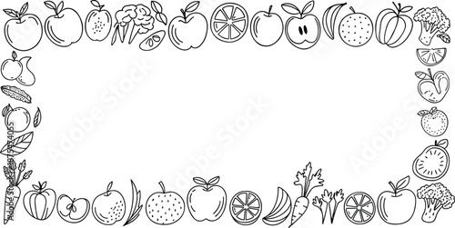 Hand drawn fruit and vegetable rectangular frame illustration with gradient outline healthy organic food border minimal design