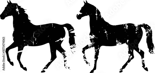 Silhouettes of two galloping horses with textured distressed effects on white background