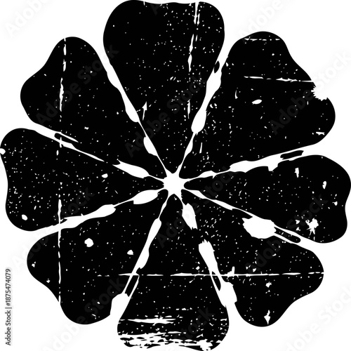 Grunge black clover leaf with four heart shaped leaves, distressed vintage design isolated on white background