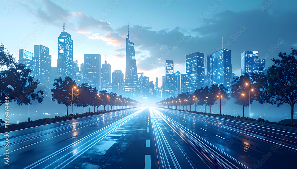 Fototapeta premium Car driving on wet city street at dusk with rain reflections and glowing lights of tall buildings at night