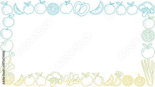 Hand drawn fruit and vegetable rectangular frame illustration with gradient outline healthy organic food border minimal design