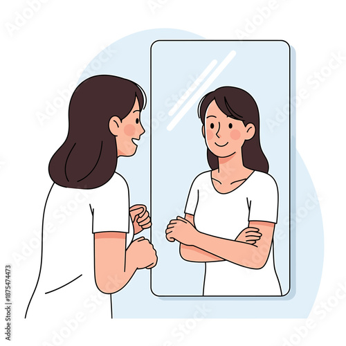 Self-reflection Young Woman Smiling at Mirror Flat Vector Illustration