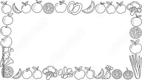 Hand drawn fruit and vegetable rectangular frame illustration with gradient outline healthy organic food border minimal design
