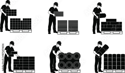 Warehouse workers handling pallets silhouette set isolated on white background logistics manufacturing supply chain labor safety operations illustration