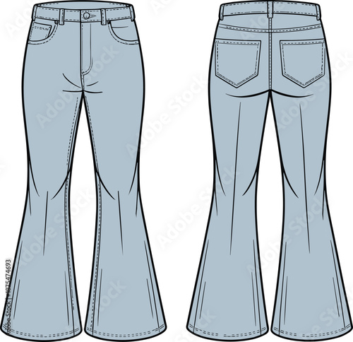 Light Blue Women's High Waisted Flare Jeans Technical Flat Sketch, Front and Back View Denim Bell Bottom Pants Fashion Vector Illustration,