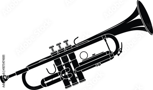 Trumpet silhouette vector illustration of brass musical instrument isolated on white background for jazz music, orchestra, and band design