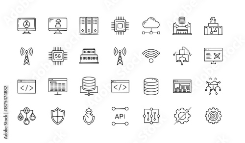 Technology and IT network linear web icon set with editable information symbols