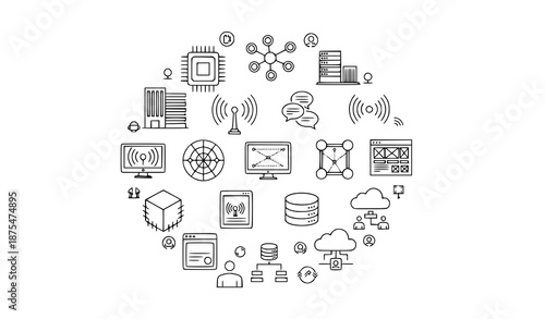 Minimal IT and technology linear icon set for web systems and digital networks