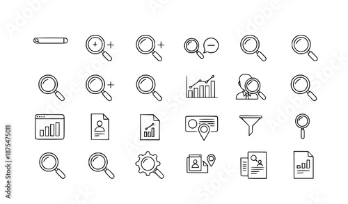 Search and magnifying glass linear web icon set for SEO analytics and data research
