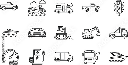 Transportation icons vector set featuring cars, trucks, motorcycles, boats, construction vehicles, electric charging and traffic symbols in clean outline style