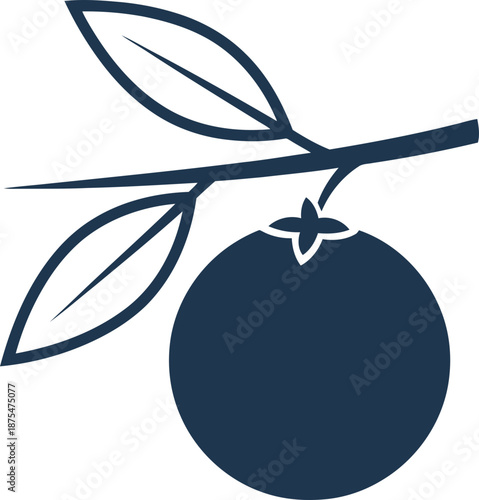 Orange fruit on branch with leaves. Silhouette icon illustration for fruit and food concept, healthy eating, juice, vitamin, organic product