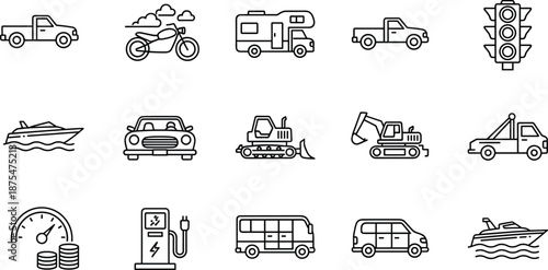 Transportation icons vector collection showing cars, trucks, buses, motorcycles, boats, construction machines and electric charging symbols in clean outline styleTransportation 