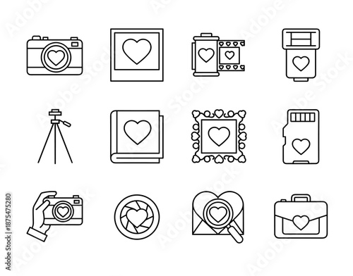 Photography and love line icons set