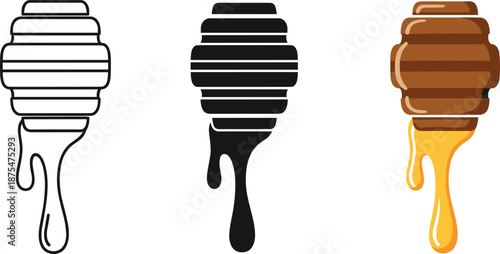 Dripping honey dipper set with wooden stick in outline silhouette and colorful flat styles for sweet food product design