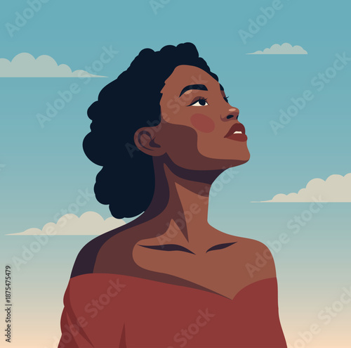 Vector illustration of an African American woman with an afro hairstyle looking up against, sky background. Strength, female empowerment, activism. For social campaigns, Women's Day, social media