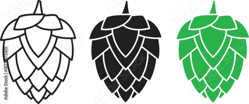 Green hops plant icon set in outline silhouette and colorful flat styles for beer brewery and organic herbal product design