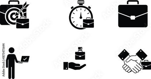 Professional black business icon set featuring target stopwatch briefcase employee hiring and partnership handshake symbols for corporate recruitment