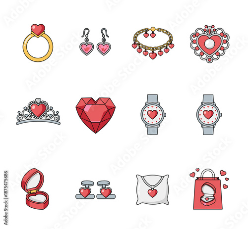 Love and jewelry romantic icons set
