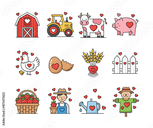 Farm-themed cartoon illustrations set with heart motifs