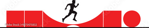 Silhouette of a man running over red geometric shapes representing overcoming obstacles and achieving fitness goals in a modern style